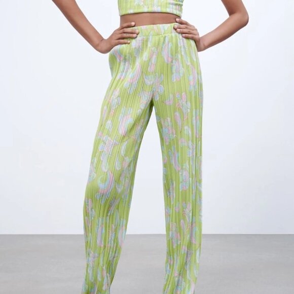 Zara Lime Green Pleated Wide Leg Pant m - Picture 10 of 13